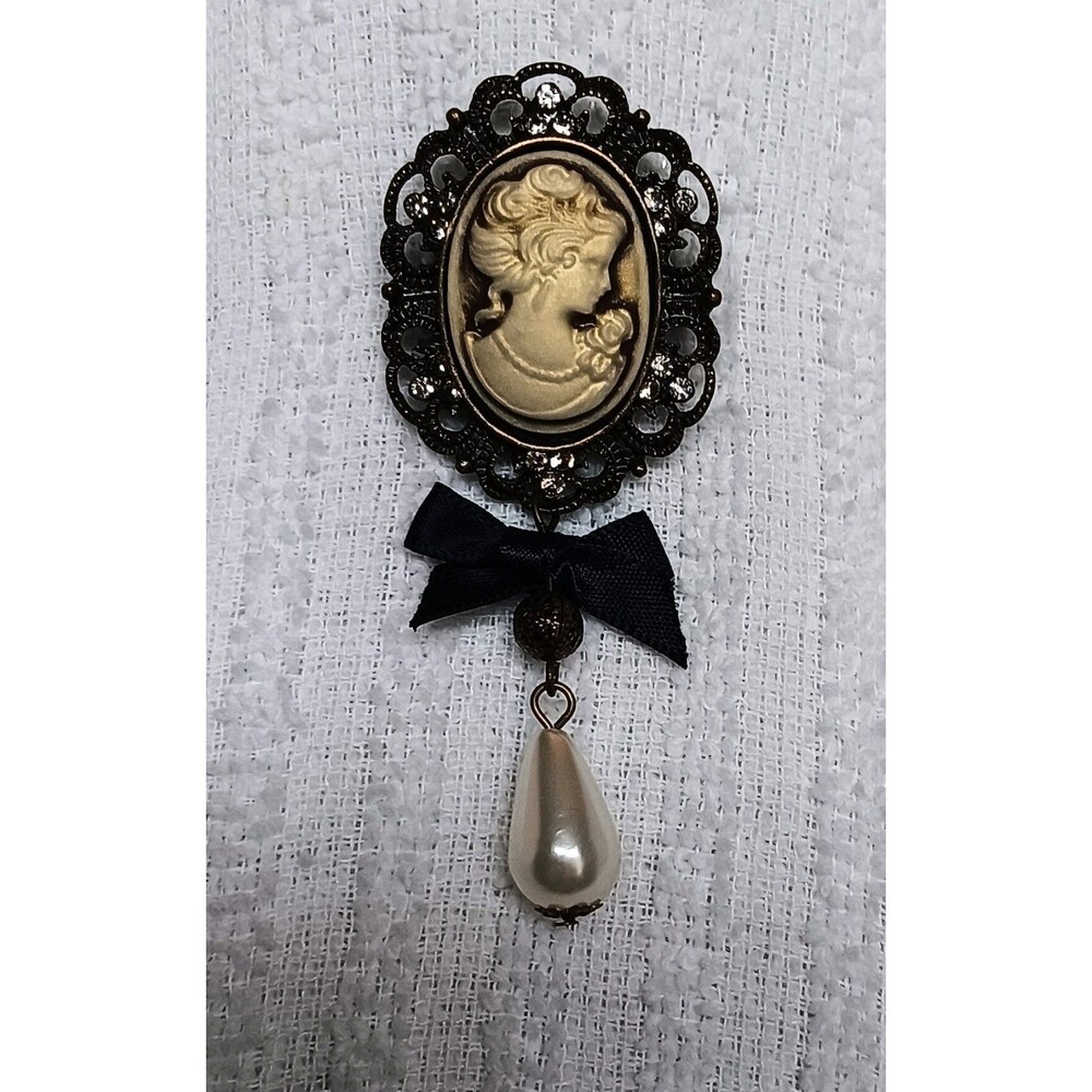 Vintage Inspired Cameo Brooch w Bow & Bead Dangle 3 in